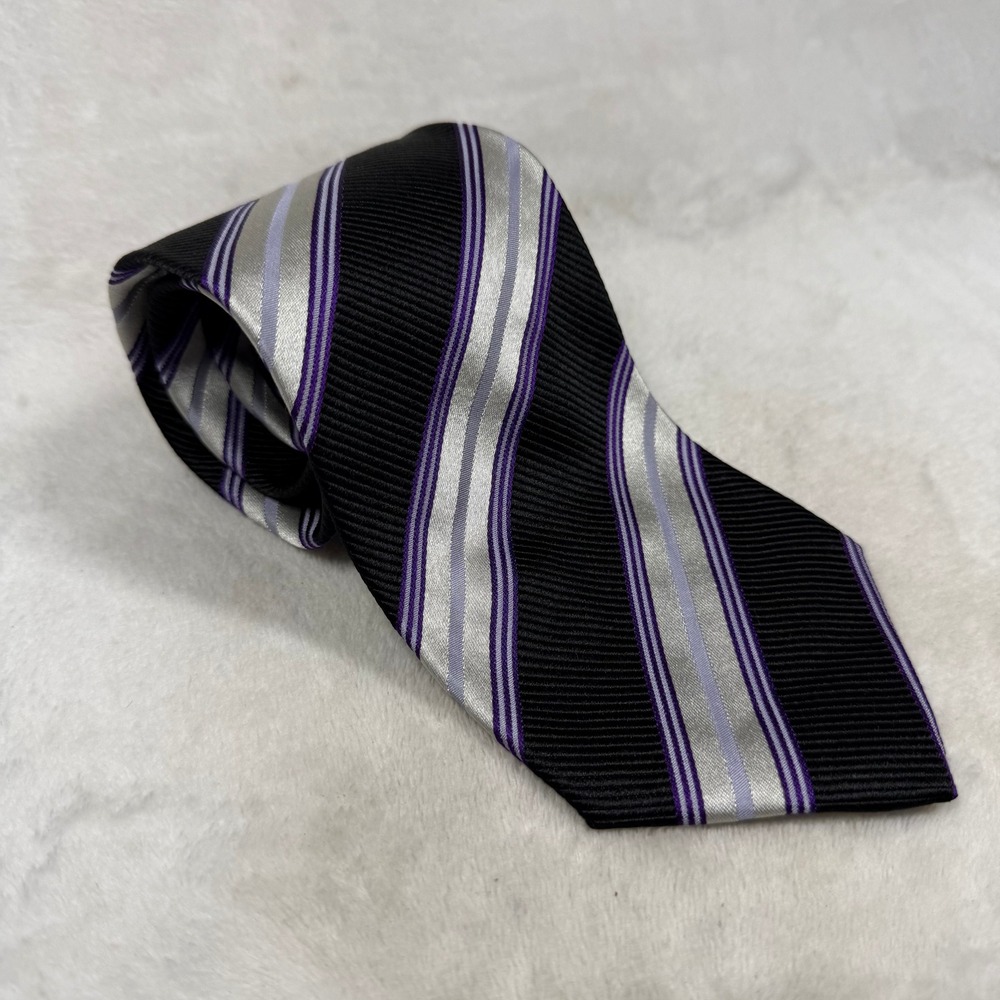 XMI Platinum Silk Tie Black Silver Purple Striped Made in USA Italian Fabric